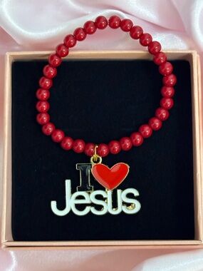 Red Beaded "I ♥ Jesus" Charm Bracelet